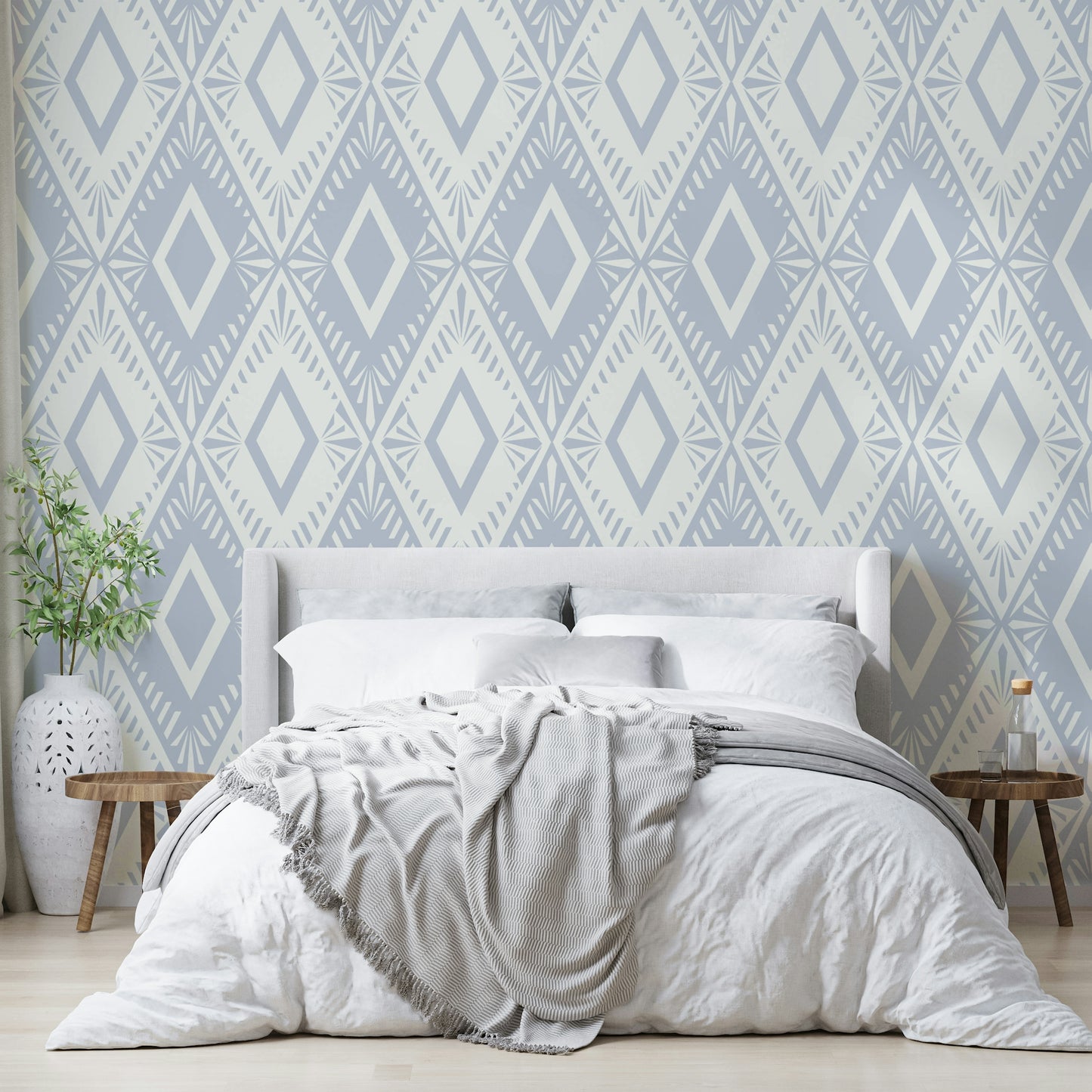 A full-wall mural of a modern, geometric pattern.
