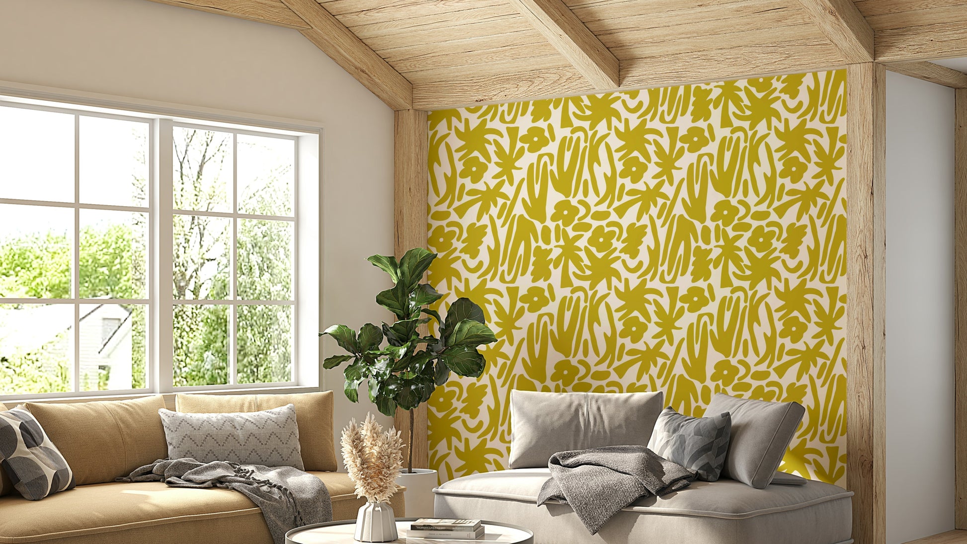 An angled shot of a wall with yellow mural

