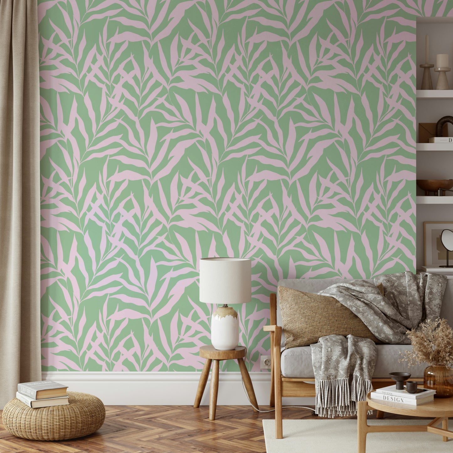 A living room with tropical palm leaf wallpaper


