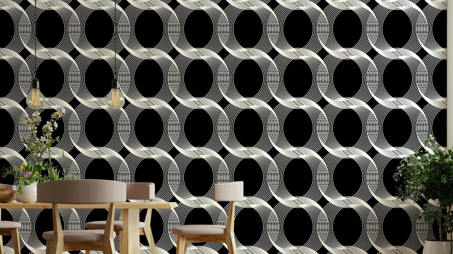 A home office with a stylish circles mural

