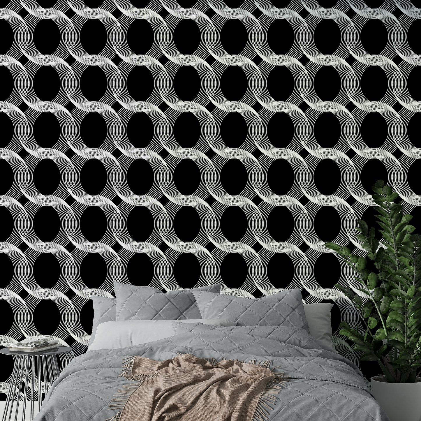 An angled shot of a wall with optical pattern wallpaper

