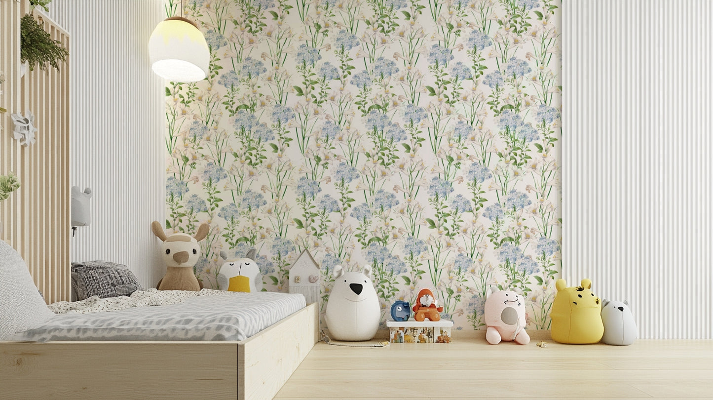 A bedroom decorated with subtle and bright wallpaper

