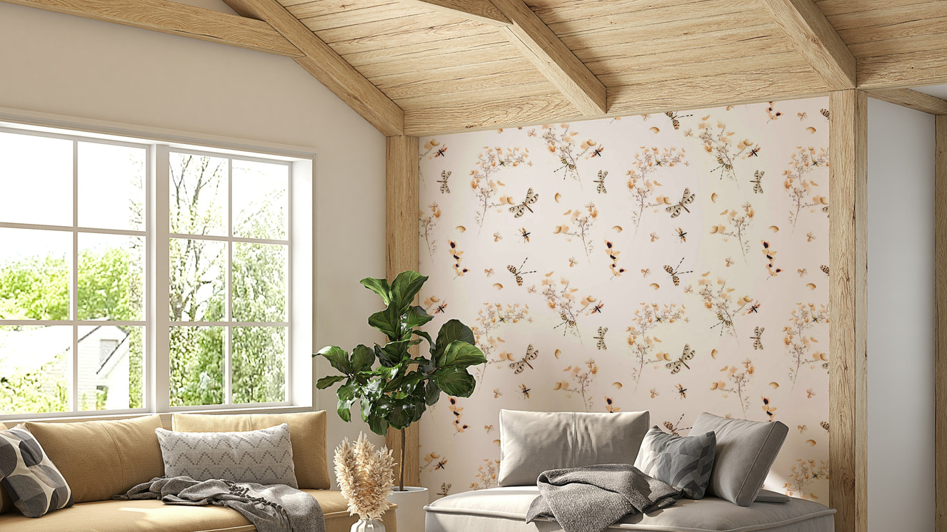 Dragonflies in flowers wallpaper on a living room wall

