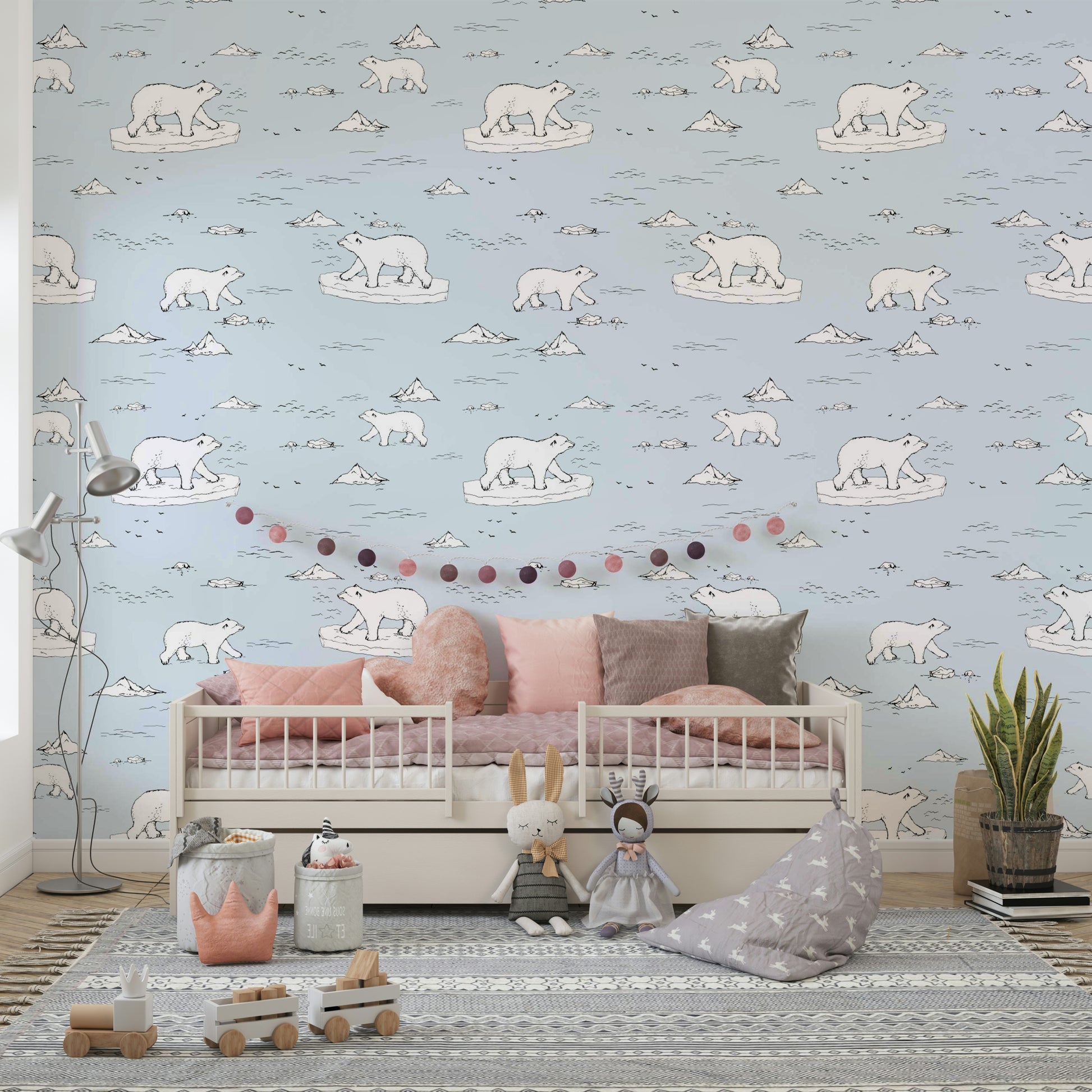 An interior with a fun and peaceful accent wall

