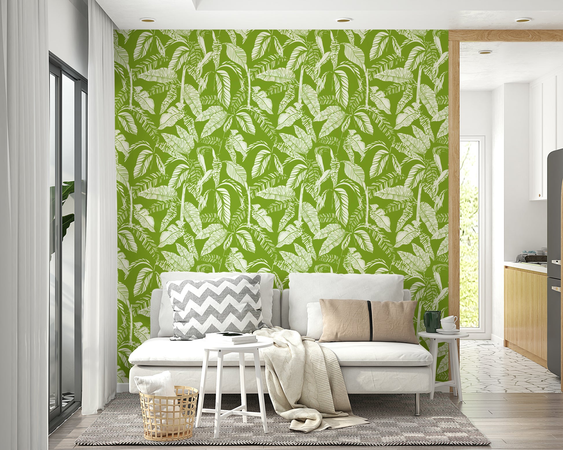 An angled shot of a wall with lush foliage wallpaper

