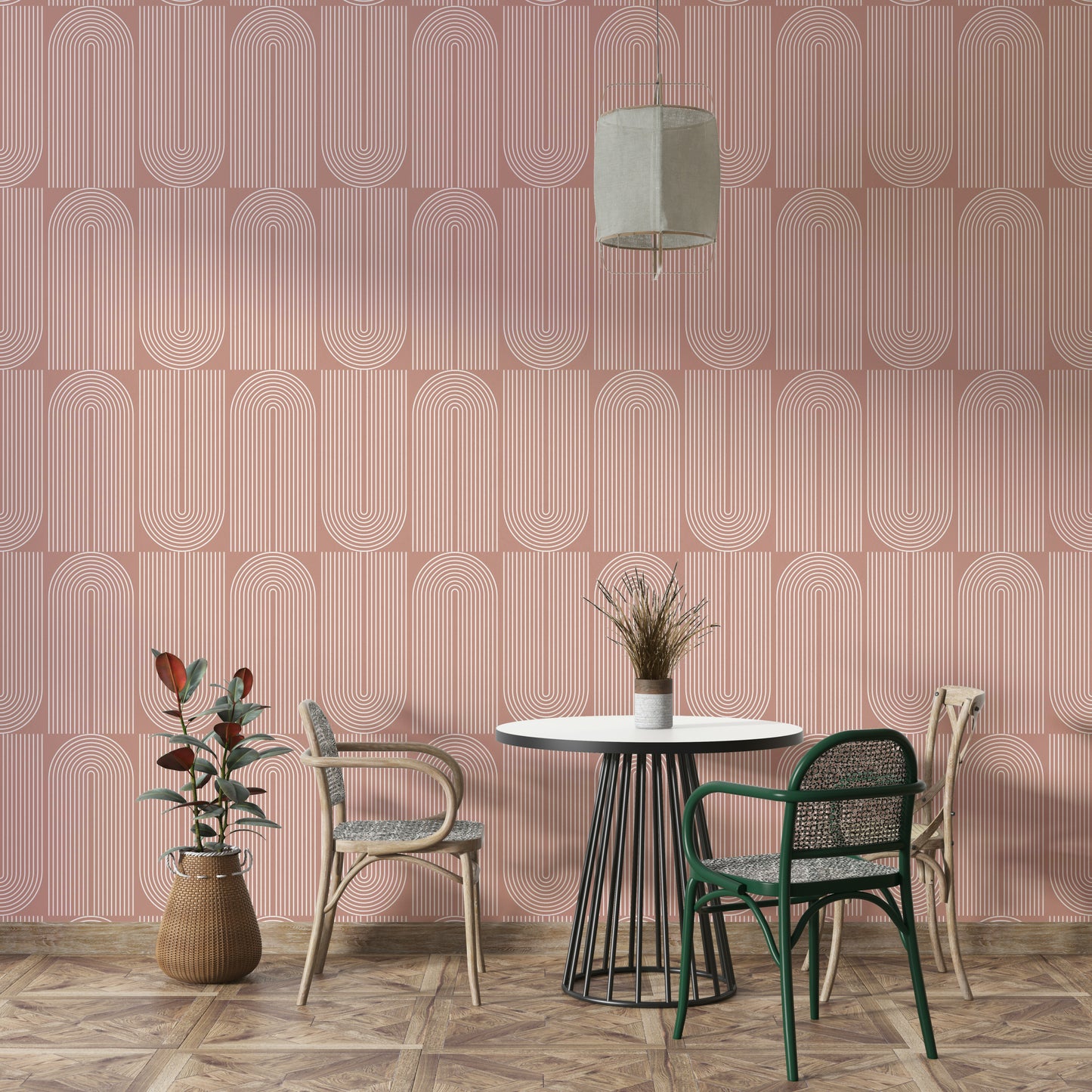 Creamy Geometric Outlined Wallpaper on a living room wall

