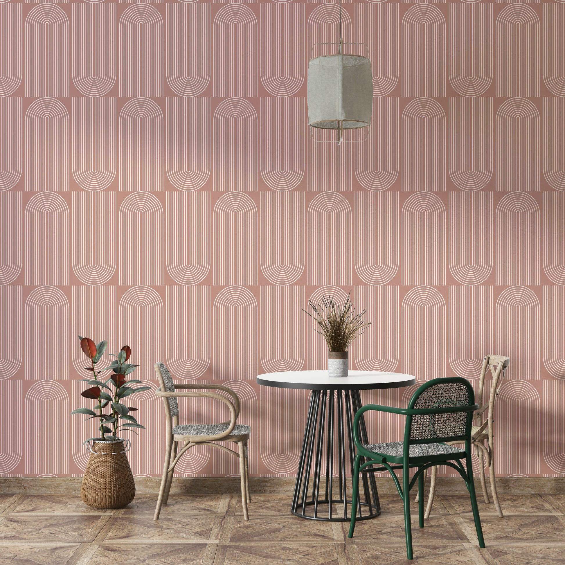 Creamy Geometric Outlined Wallpaper on a living room wall

