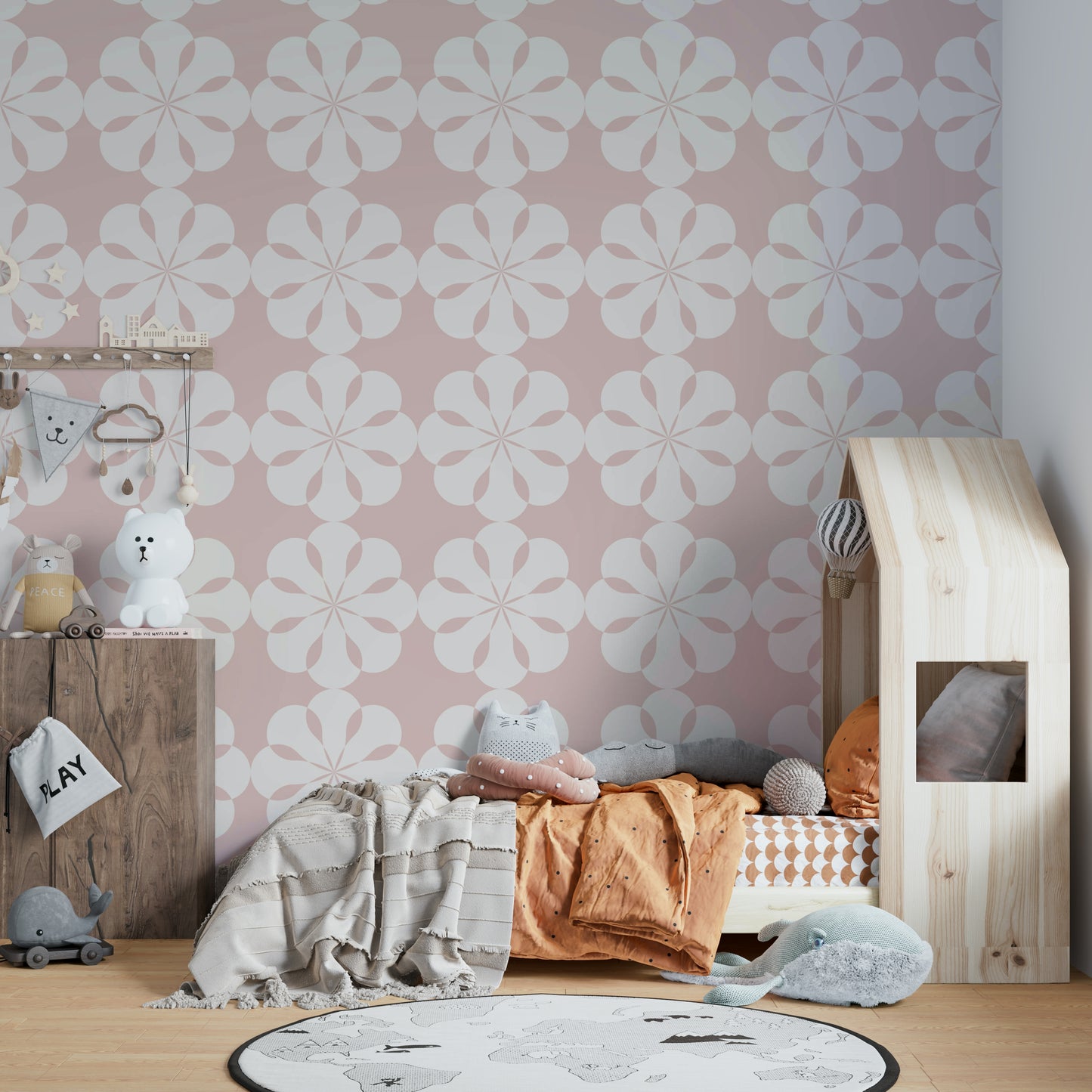 Geometric Flower Cutouts Wallpaper on a living room wall

