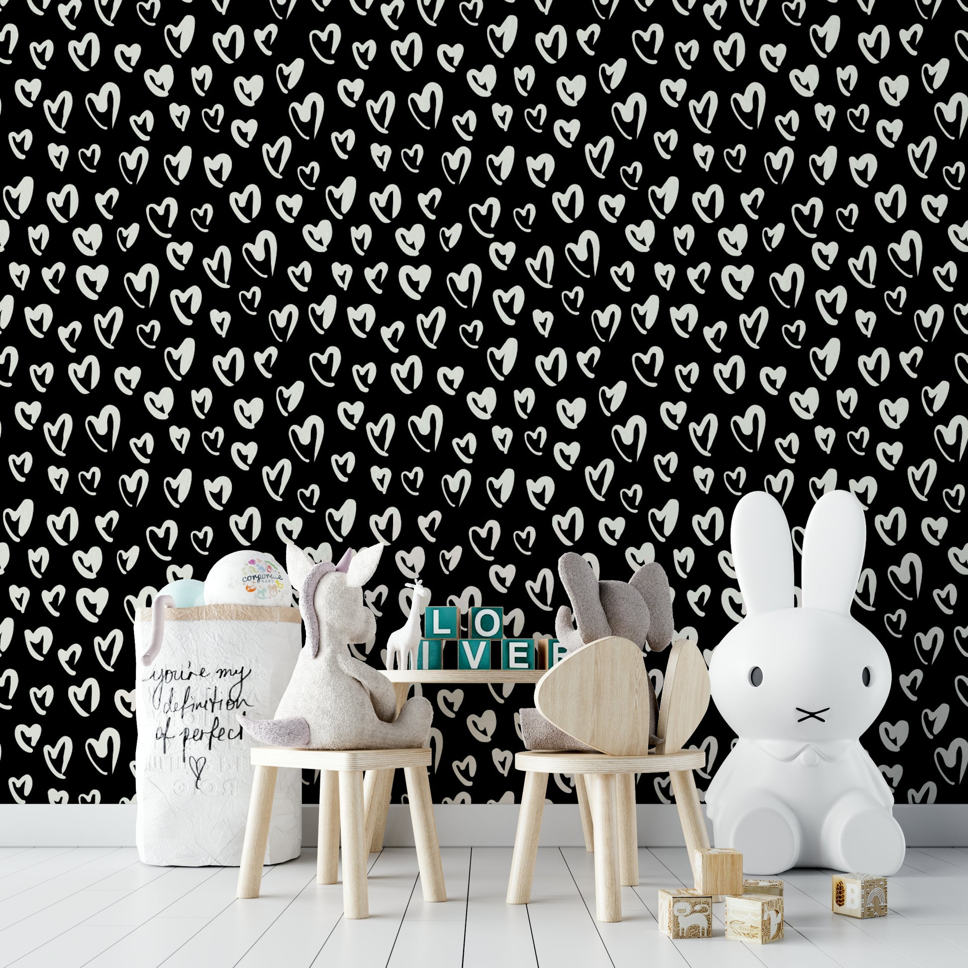 Fluffy Hearts playful mural wallpaper


