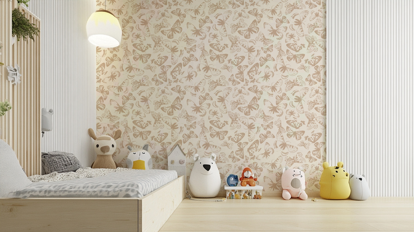 A full-wall mural showing a pattern of butterflies.
