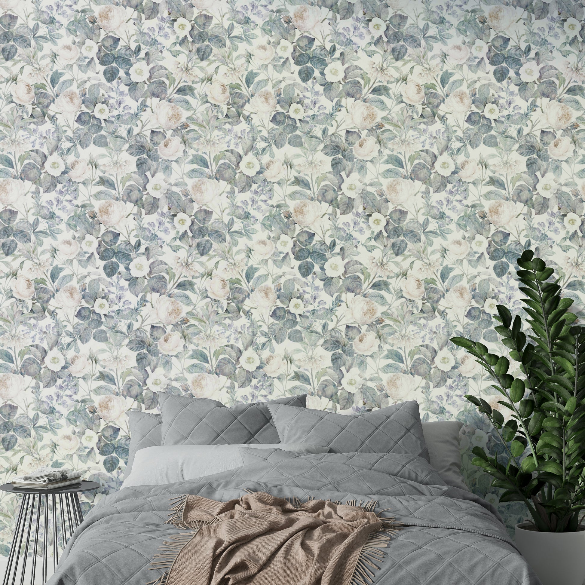 A bedroom decorated with a faded wallpaper mural

