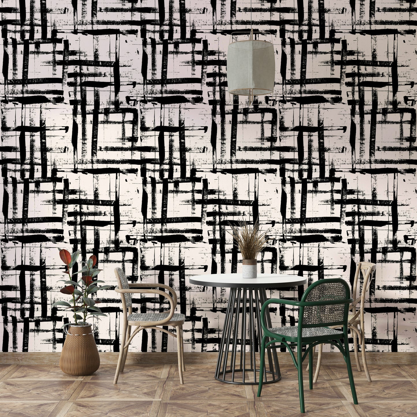 An angled shot of a wall with a painted wallpaper

