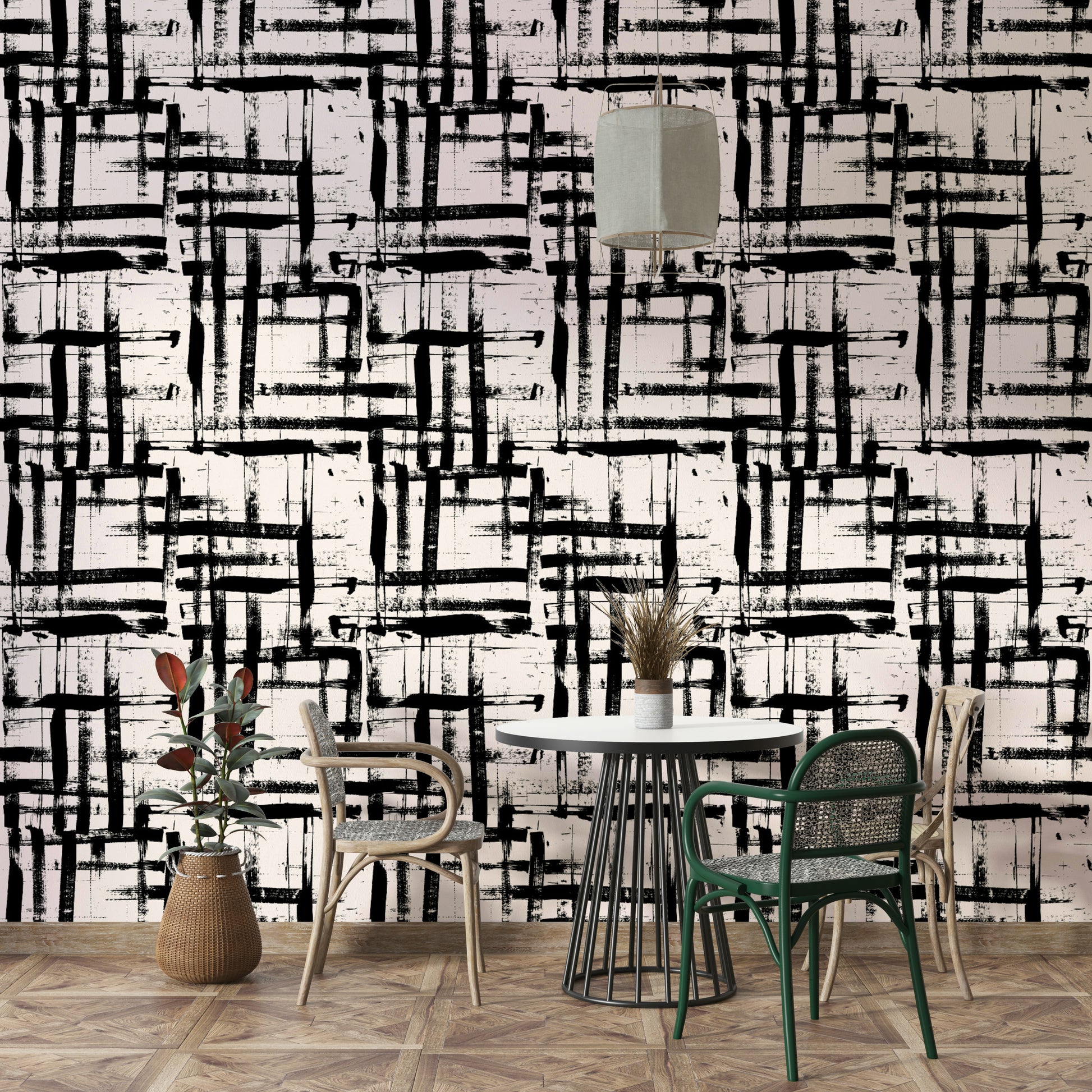 An angled shot of a wall with a painted wallpaper

