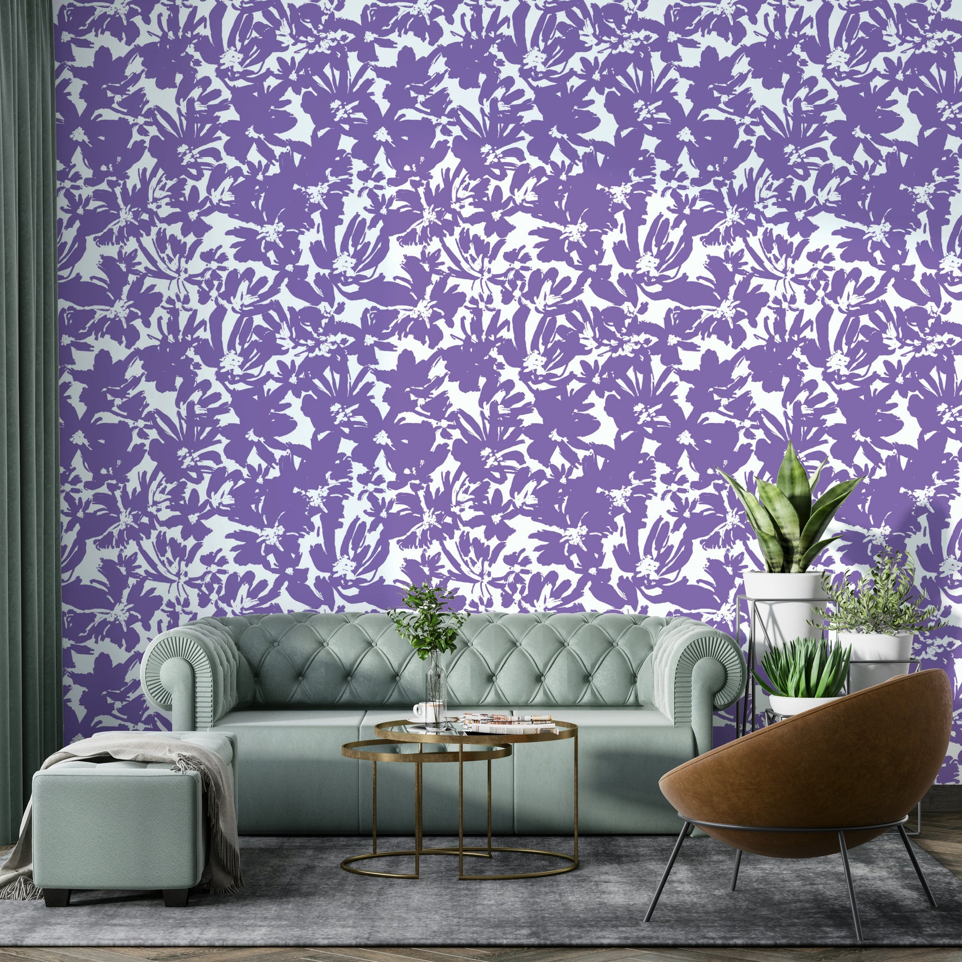 Abstract Painted Purple Flowers Wallpaper on a living room wall

