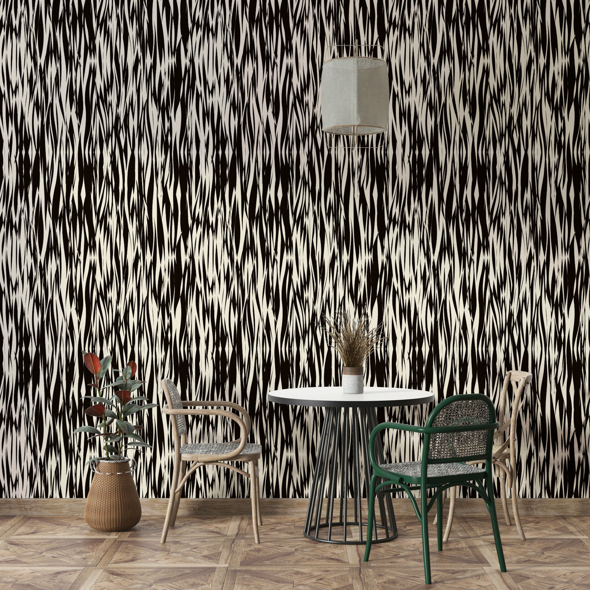 A bedroom decorated with a black wallpaper

