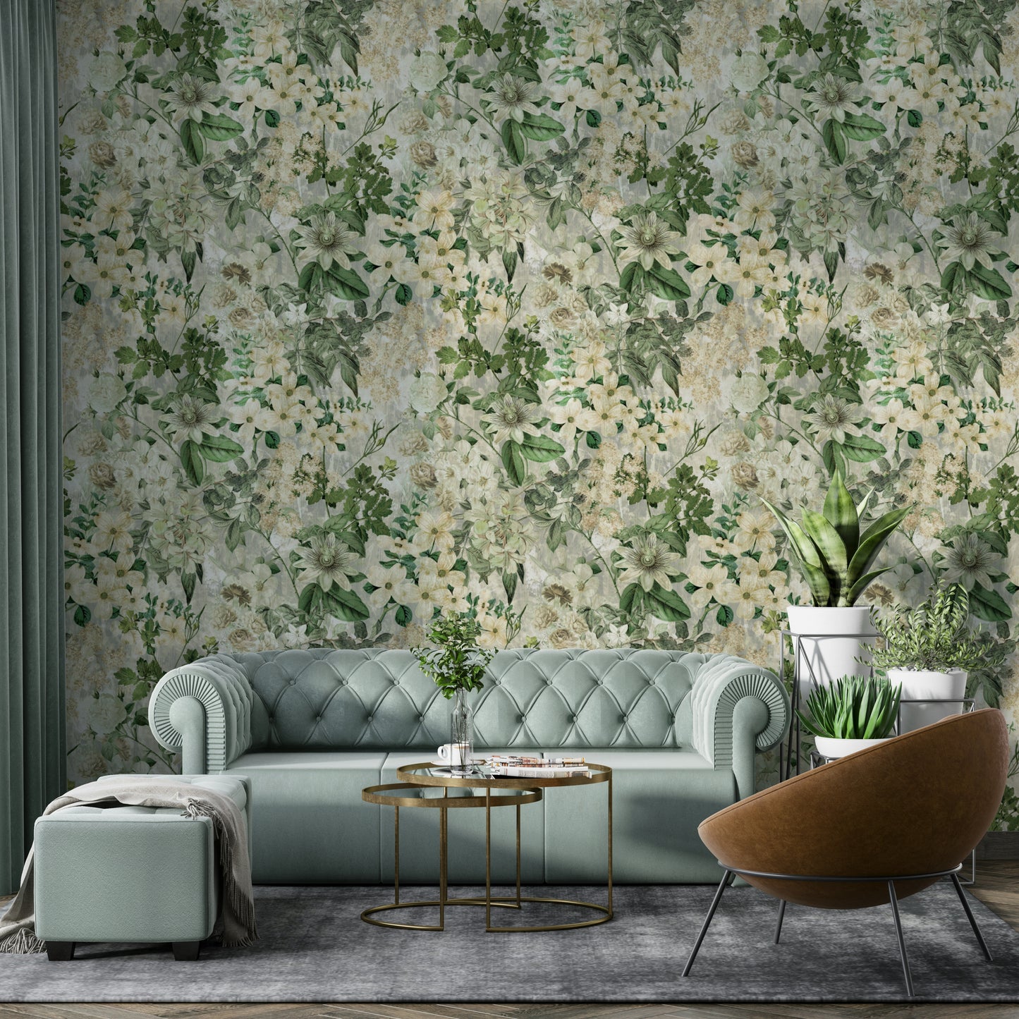 Vintage Bloom Canvas Wallpaper on a living room wall

