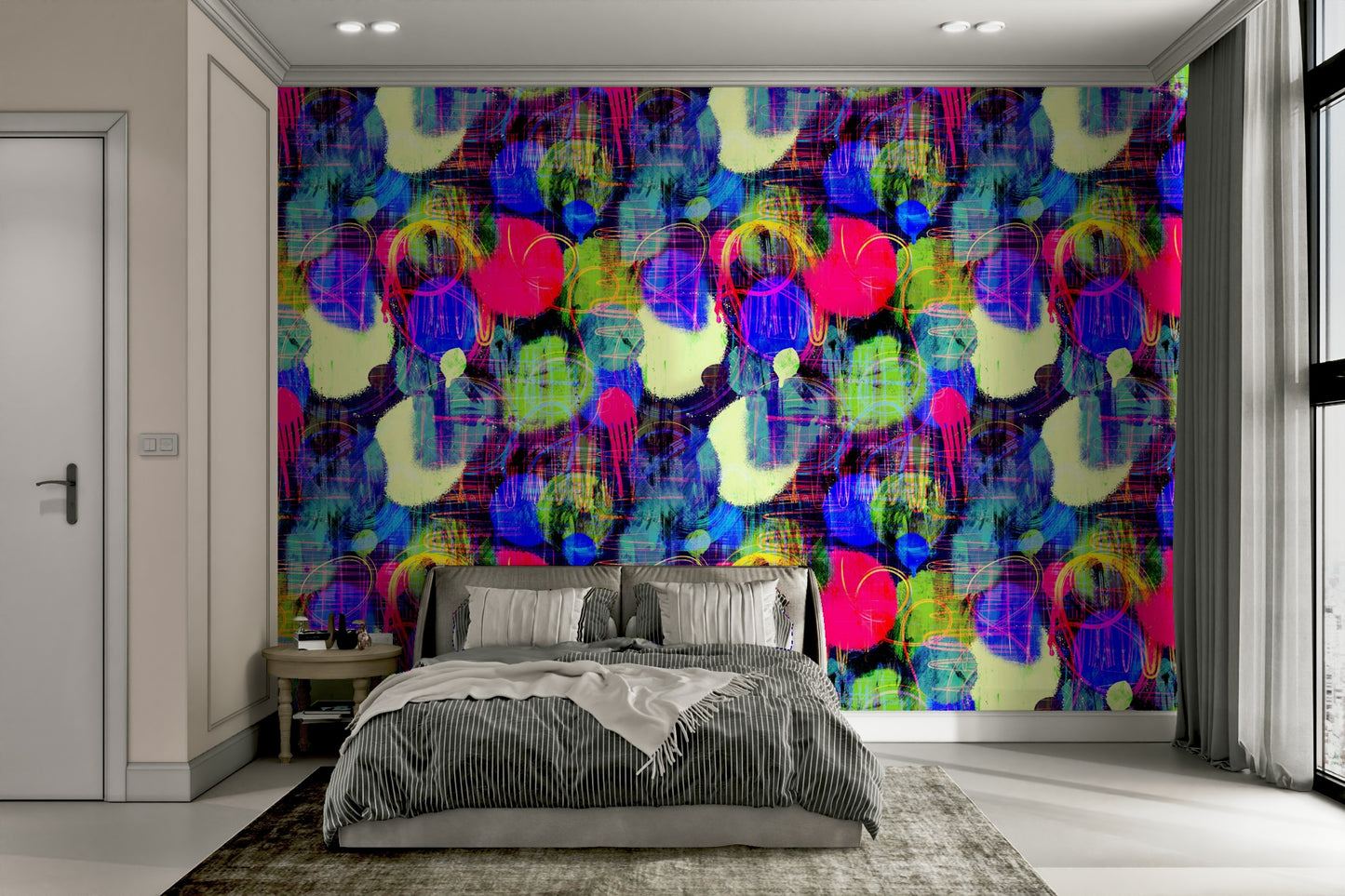 An interior with a fun and artistic accent wall

