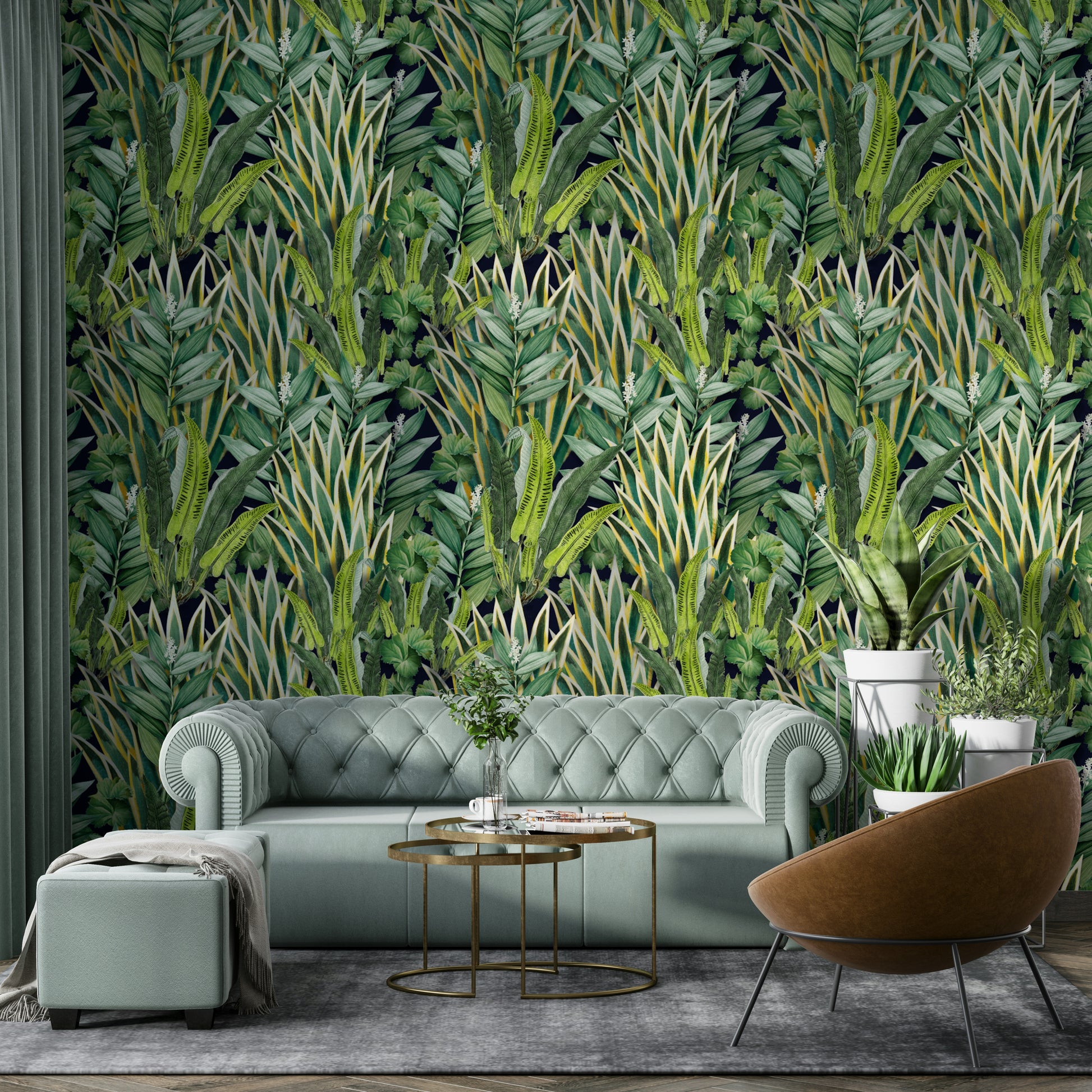 Close-up of a bold, tropical foliage pattern

