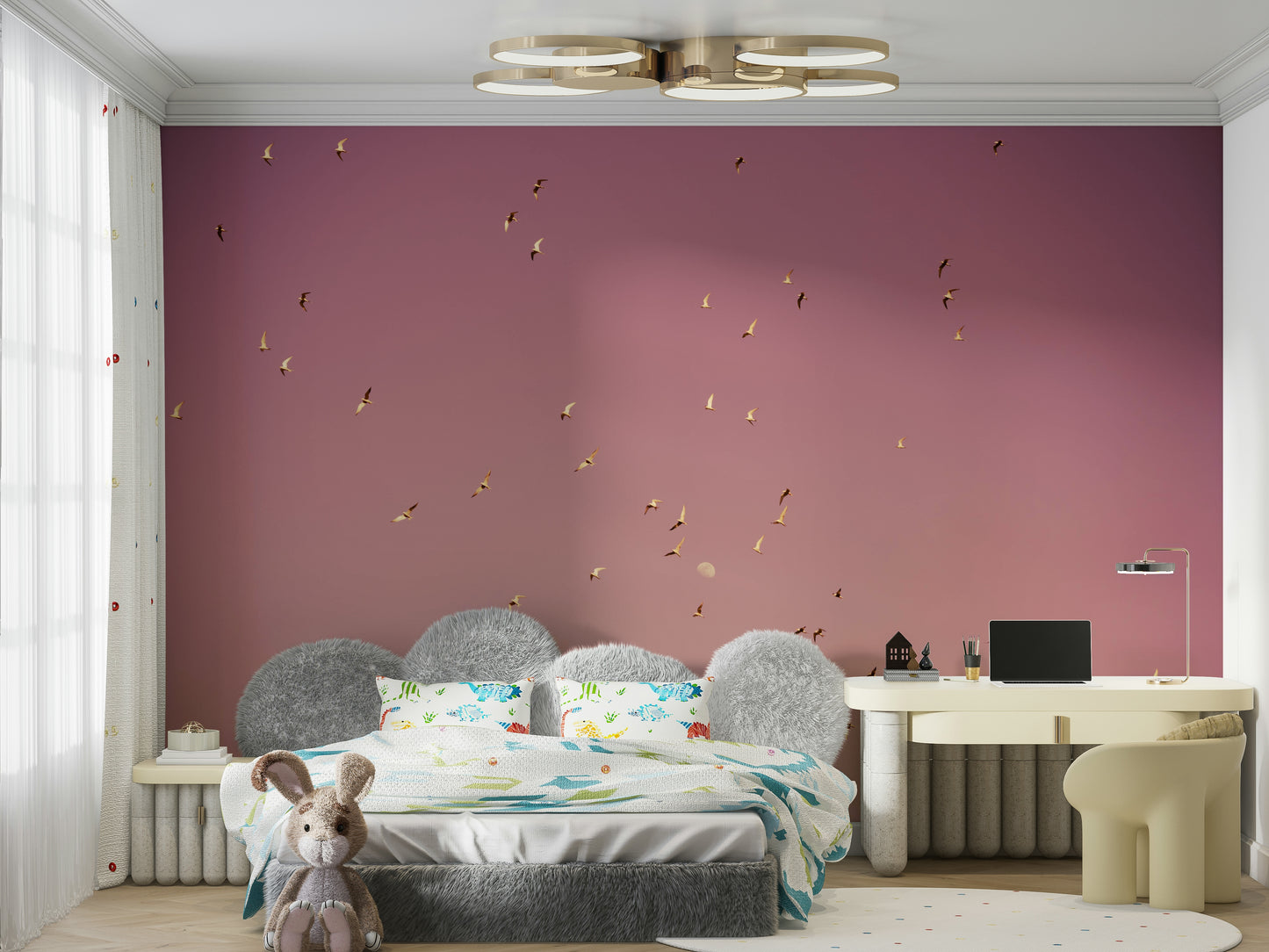 A close-up of the delicate birds in flight against the moon.

