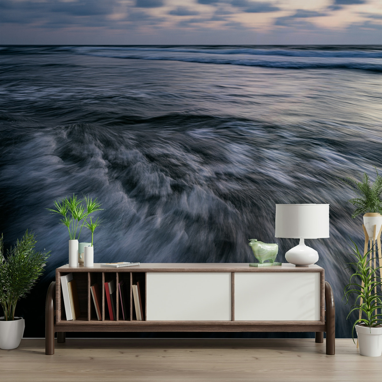 A contemporary living room with a large ocean wave wall mural.

