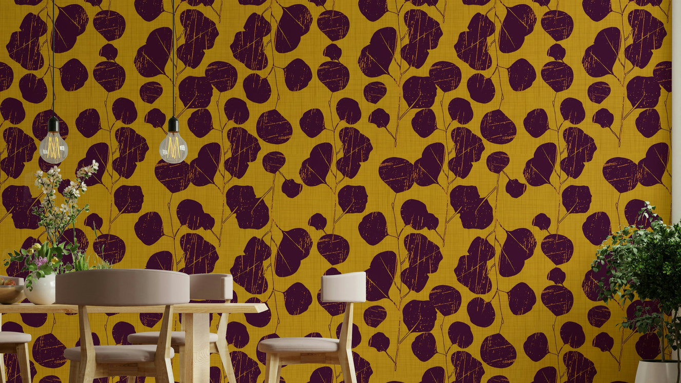 A contemporary living room with a boho floral wall mural.

