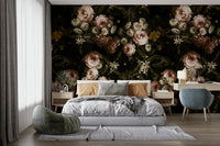 A moody garden mural with a baroque motif.