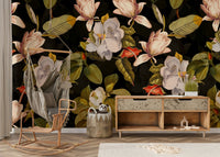 A photo of a Magnolia Noir Garden Wall Mural with dark magnolias.