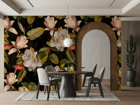 A moody garden mural with a magnolia motif.