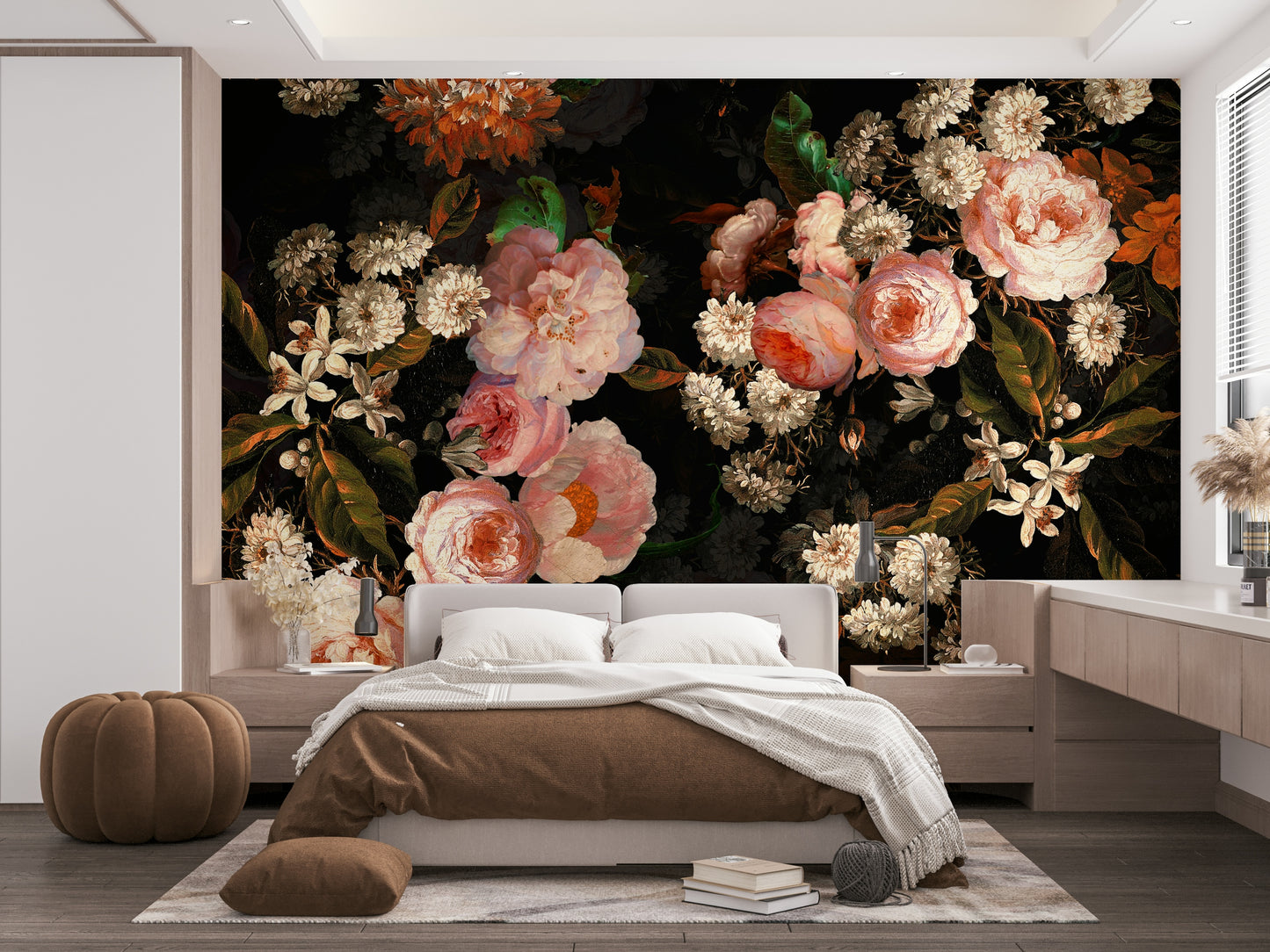 An interior view showing a wall decorated with a Midnight Rose Garden Wall Mural.