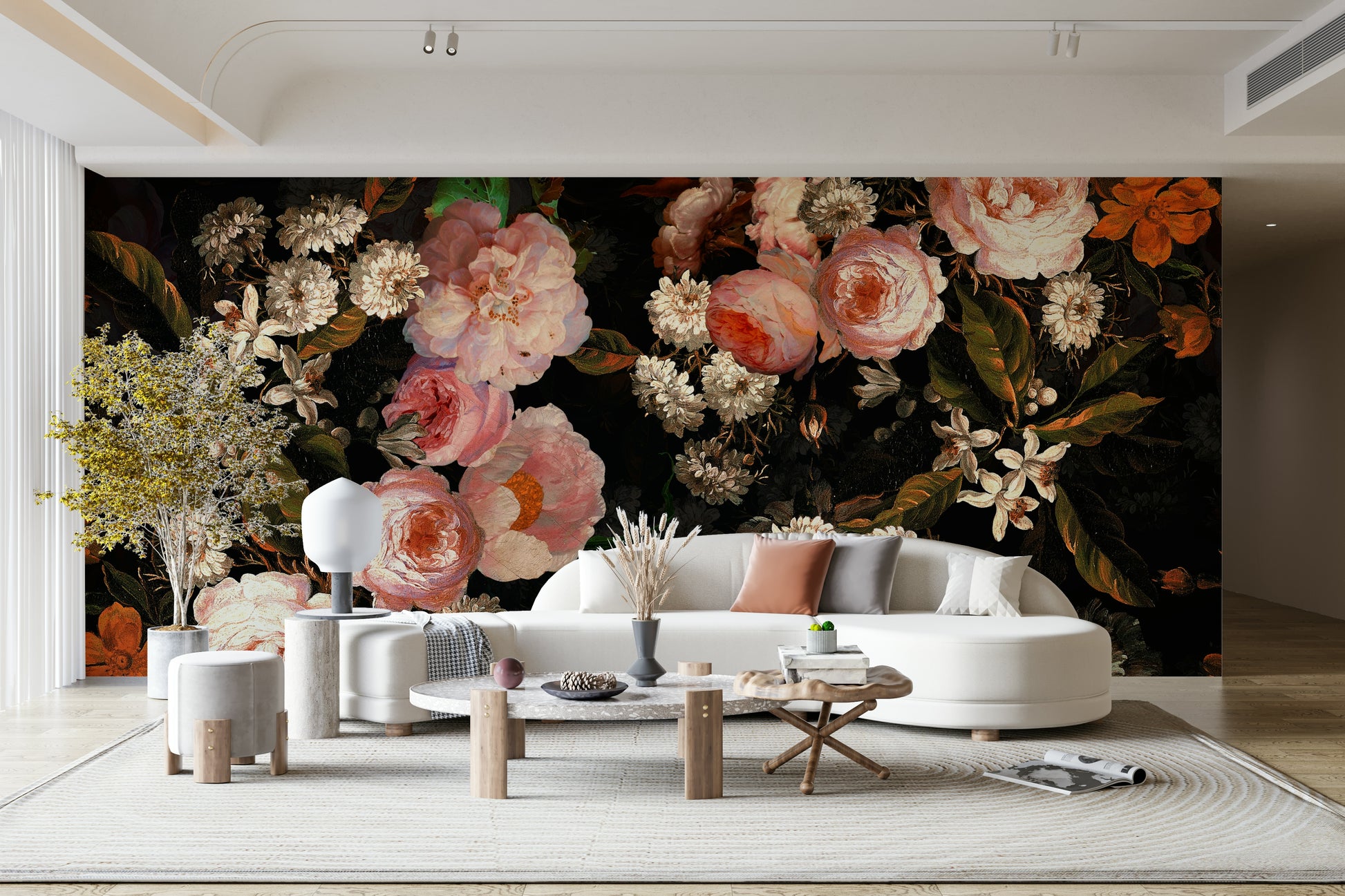 An elegant wall mural with a rose garden theme.