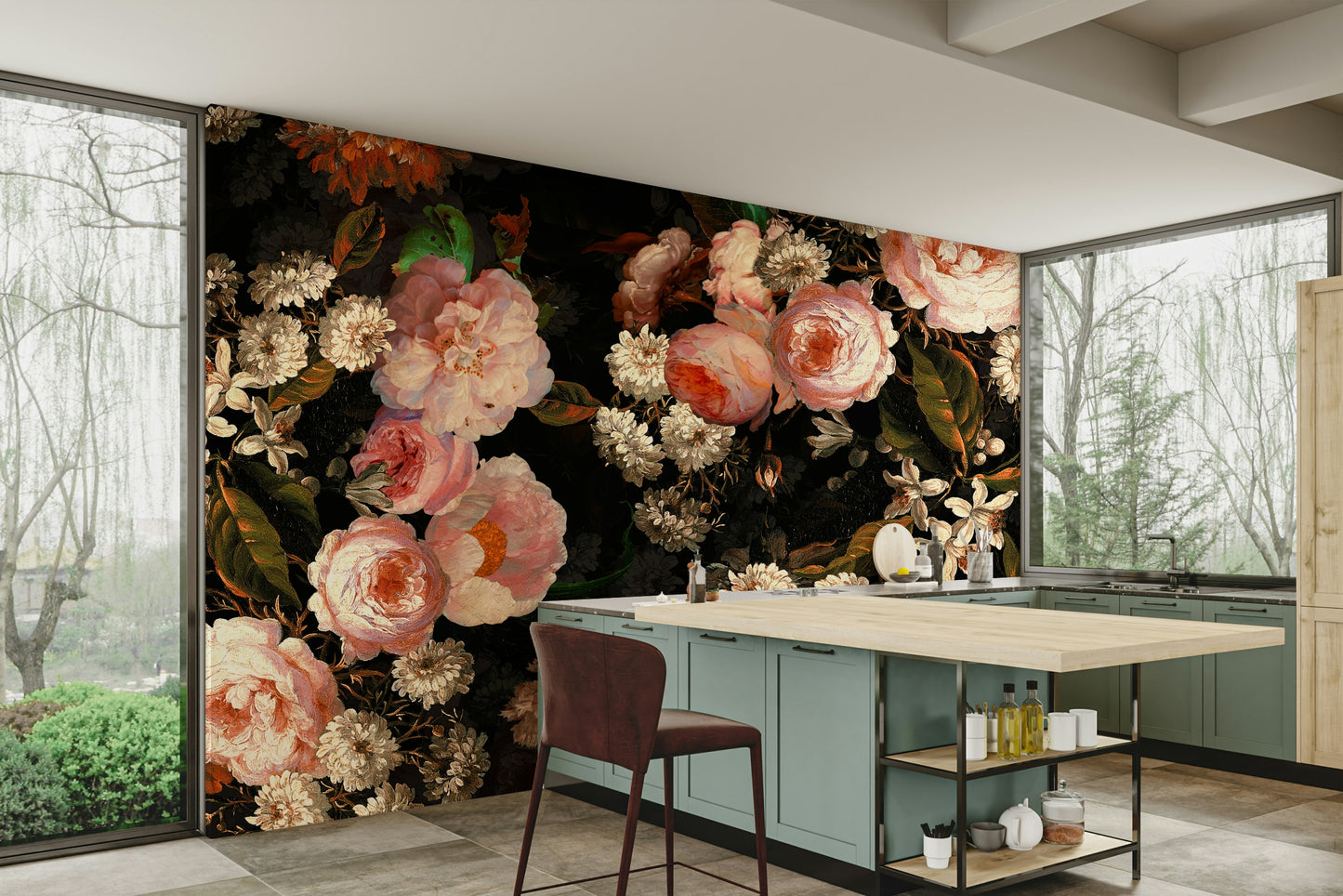 A photo of a Midnight Rose Garden Wall Mural with dark roses.