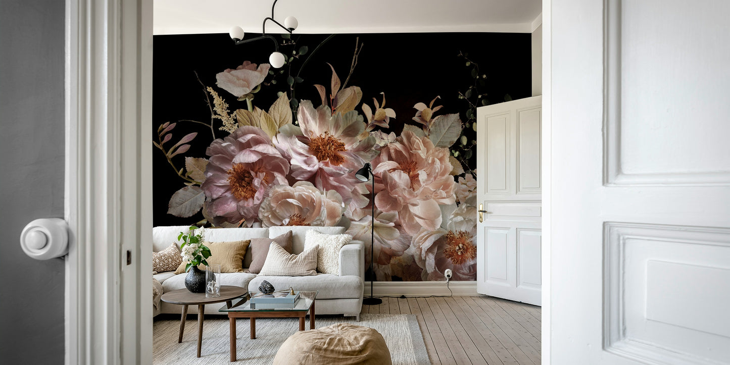 A close-up shot of a Blush Peonies Noir Garden Wall Mural.