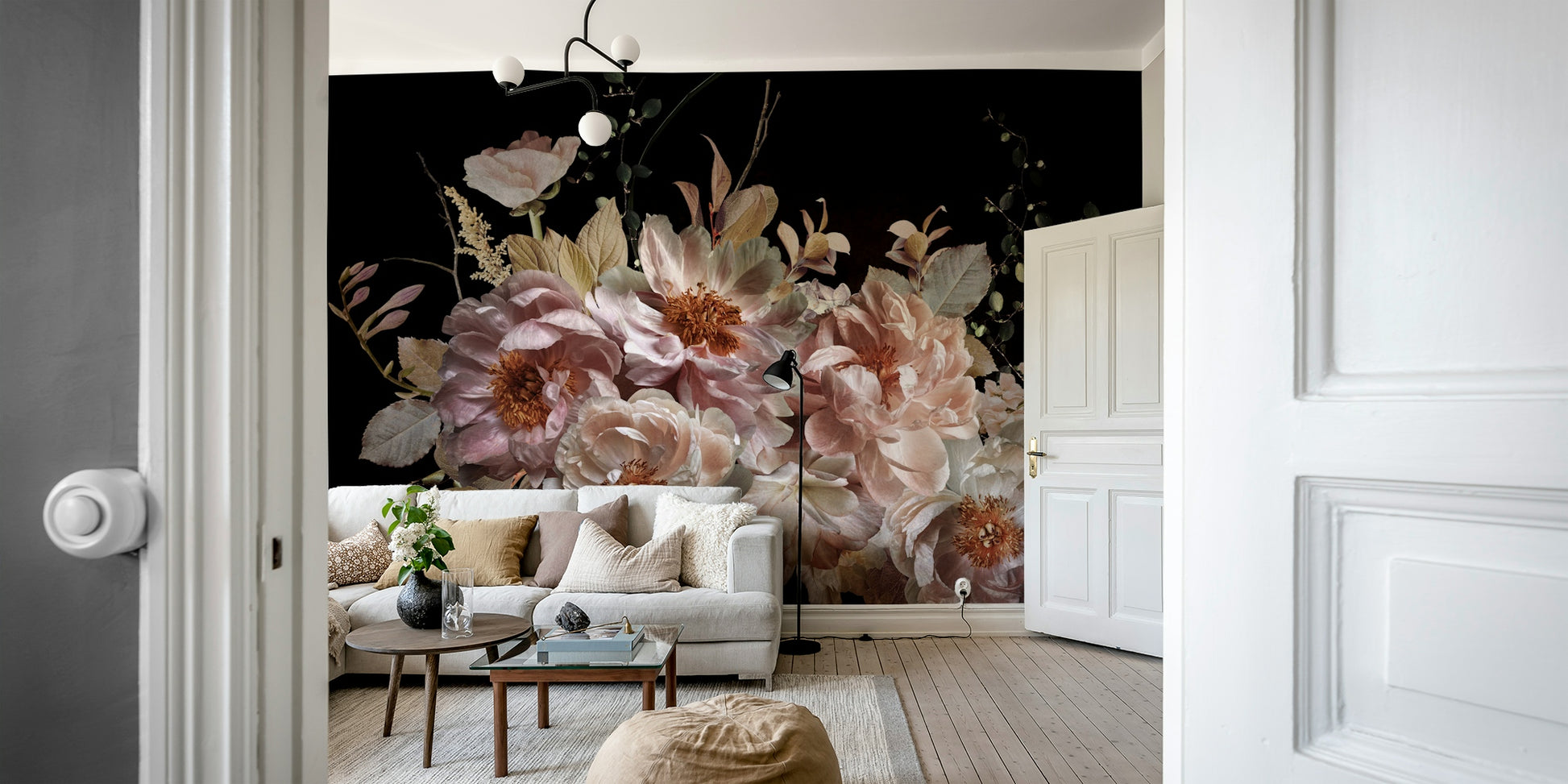 A close-up shot of a Blush Peonies Noir Garden Wall Mural.