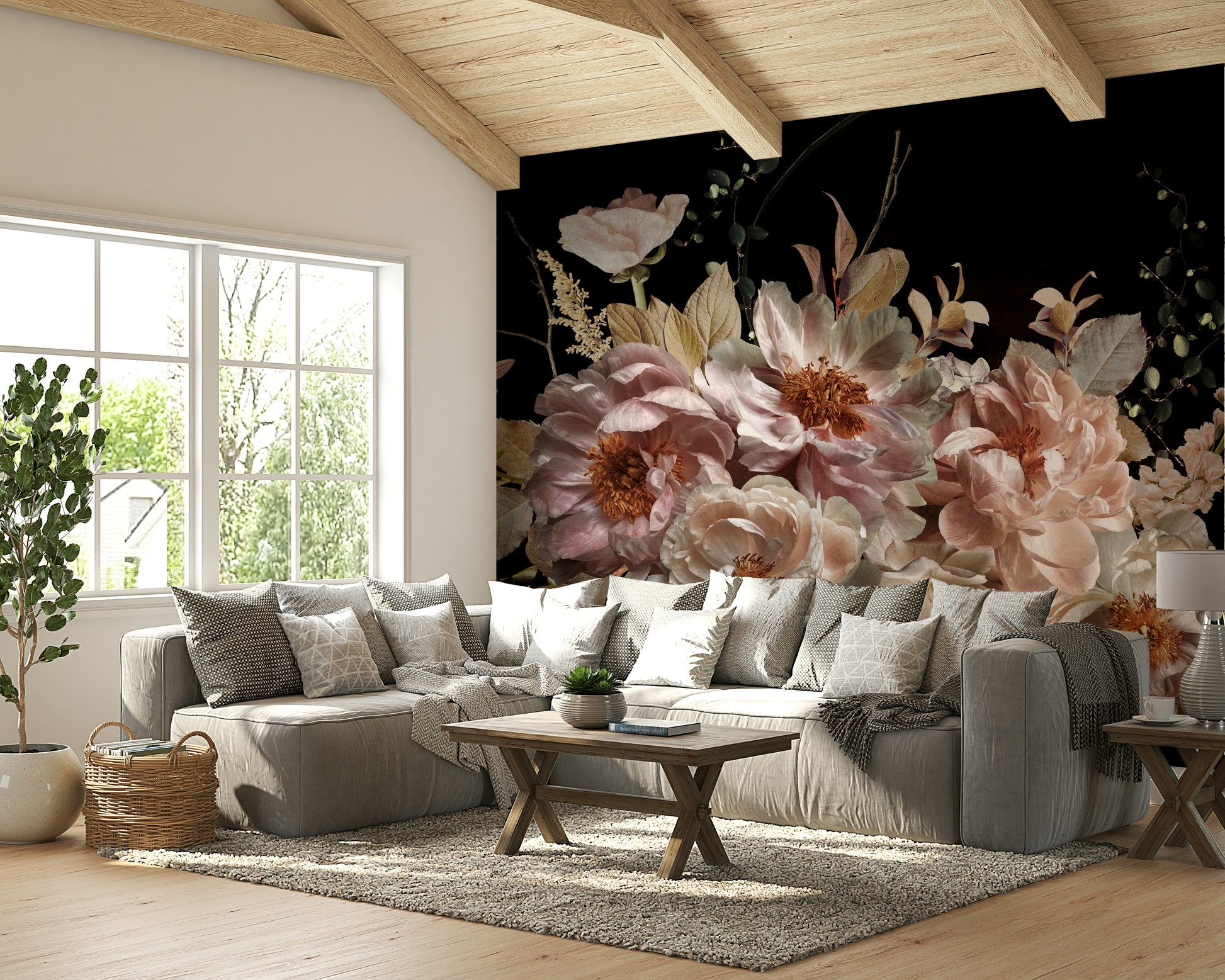 An elegant wall mural with blush peonies.