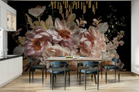 A moody garden mural with a blush tone.