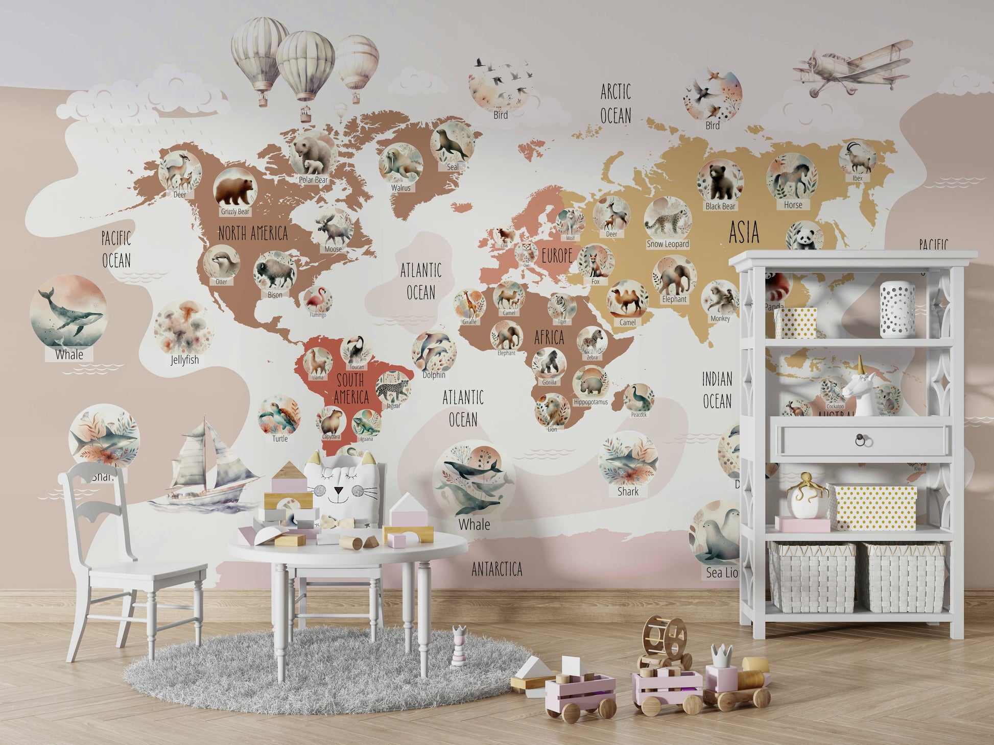 An eclectic world map wall art featuring wildlife.

