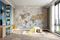 A map of the world wall art with boho animals.


