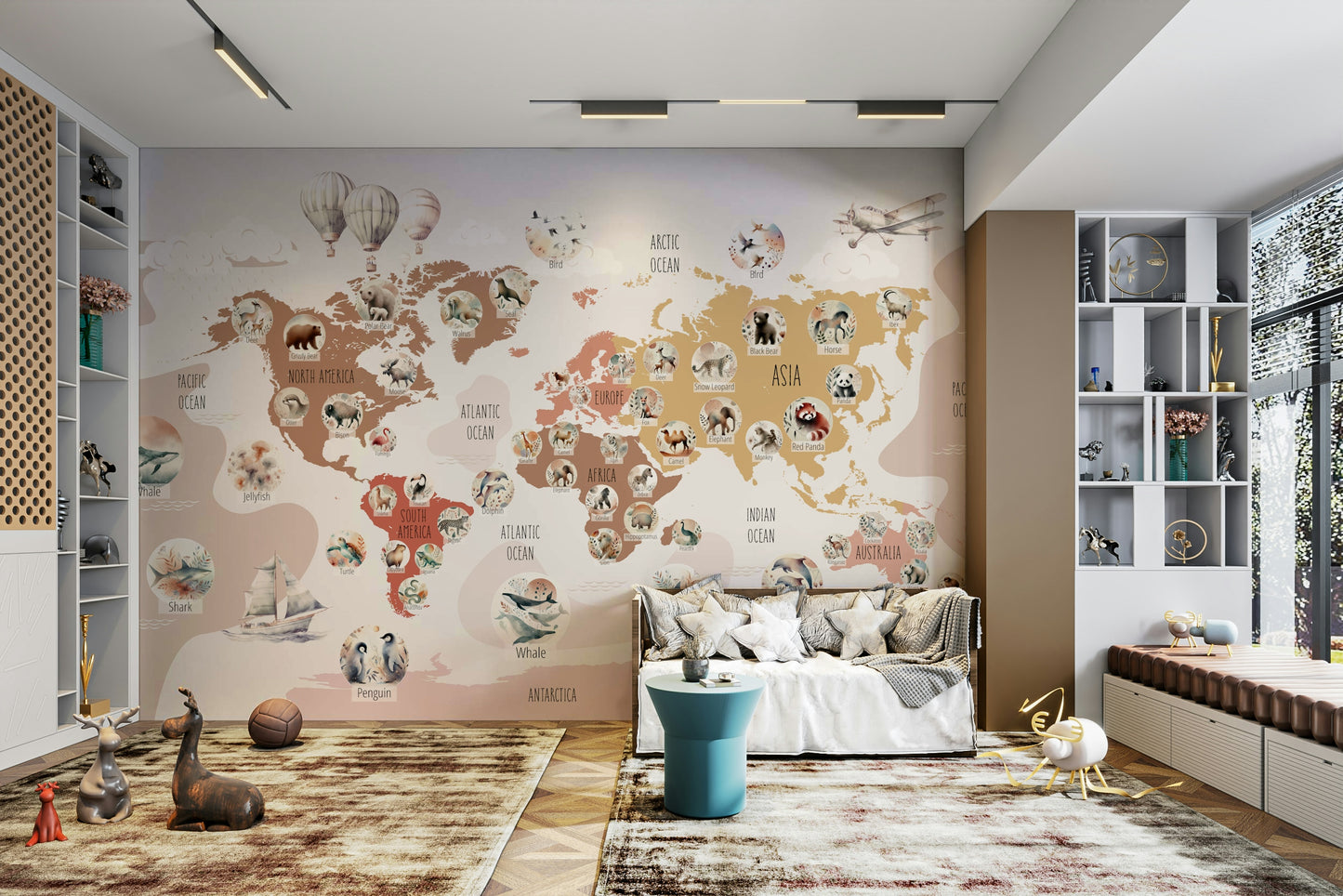 An artistic world map mural with cartoon animals.

