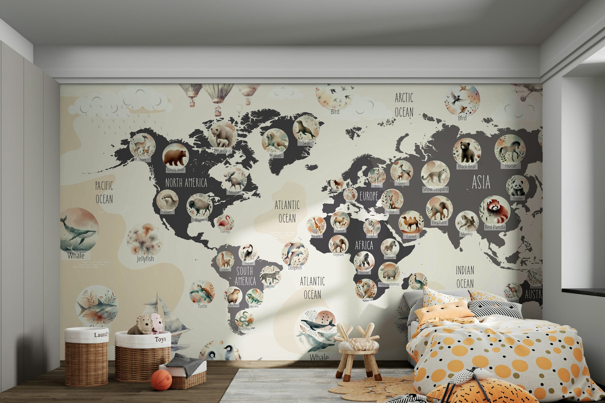 A colorful and chic animal map wall decor.

