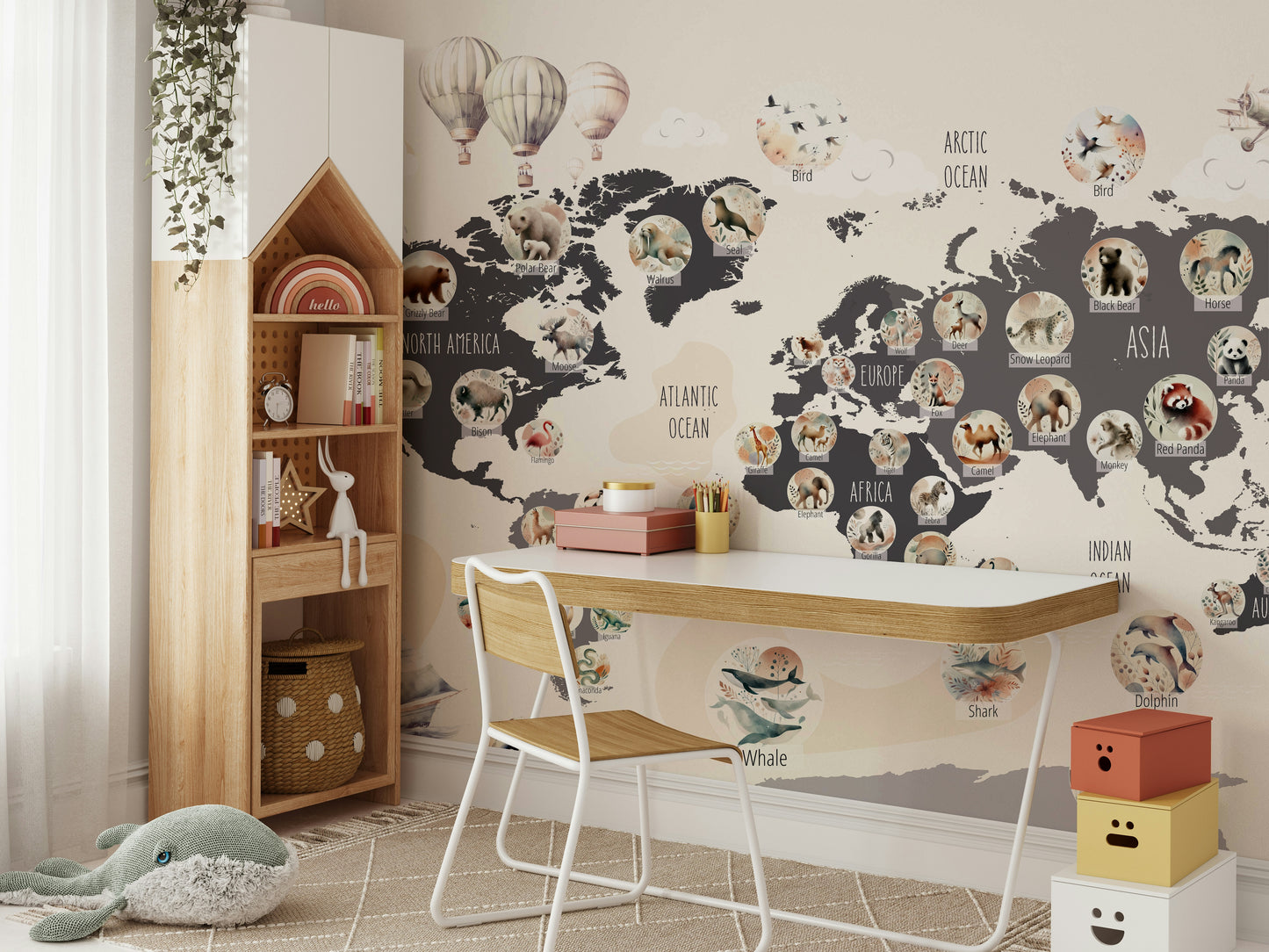 A map of the world wallpaper with wildlife animals.

