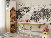 A map of the world wallpaper with wildlife animals.

