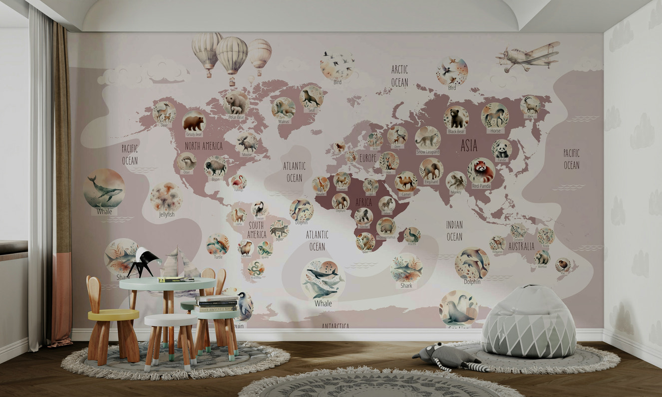Delightful Wildlife World Map kids decor wallpaper