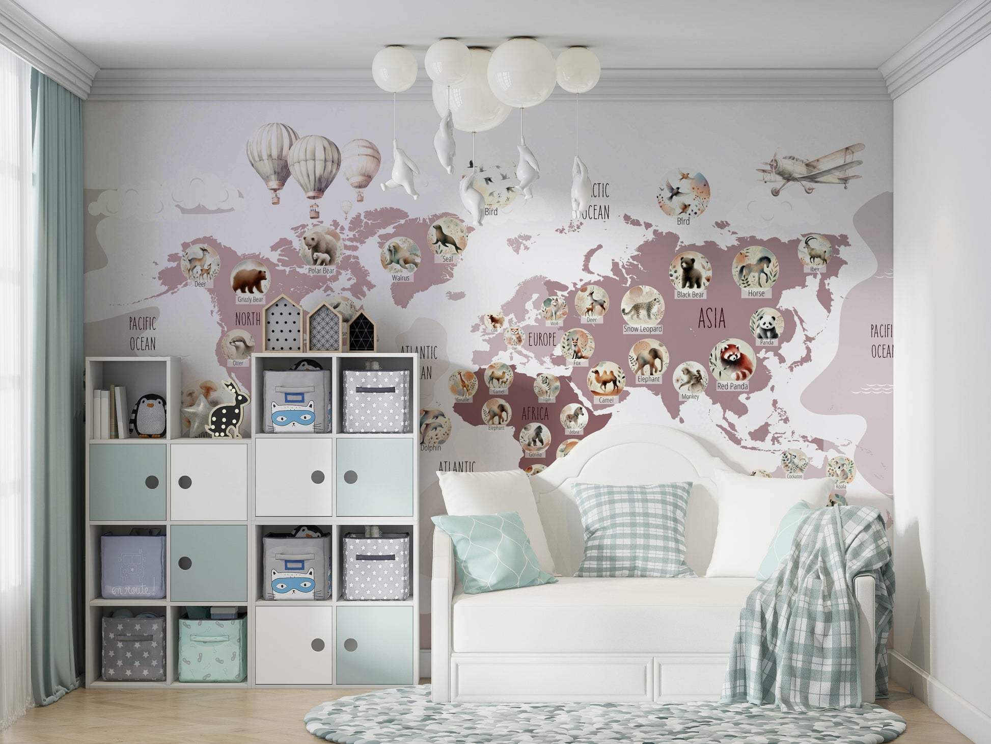 Delightful Wildlife World Map fun wall covering