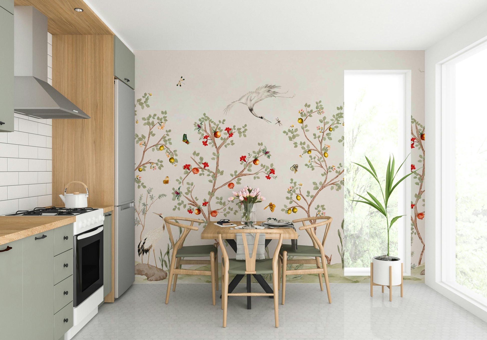 Chinoiserie Cranes pomegranate mural