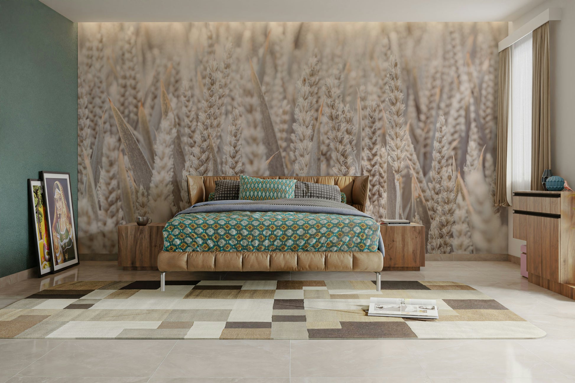 The wallpaper is used as a feature wall in a bedroom.


