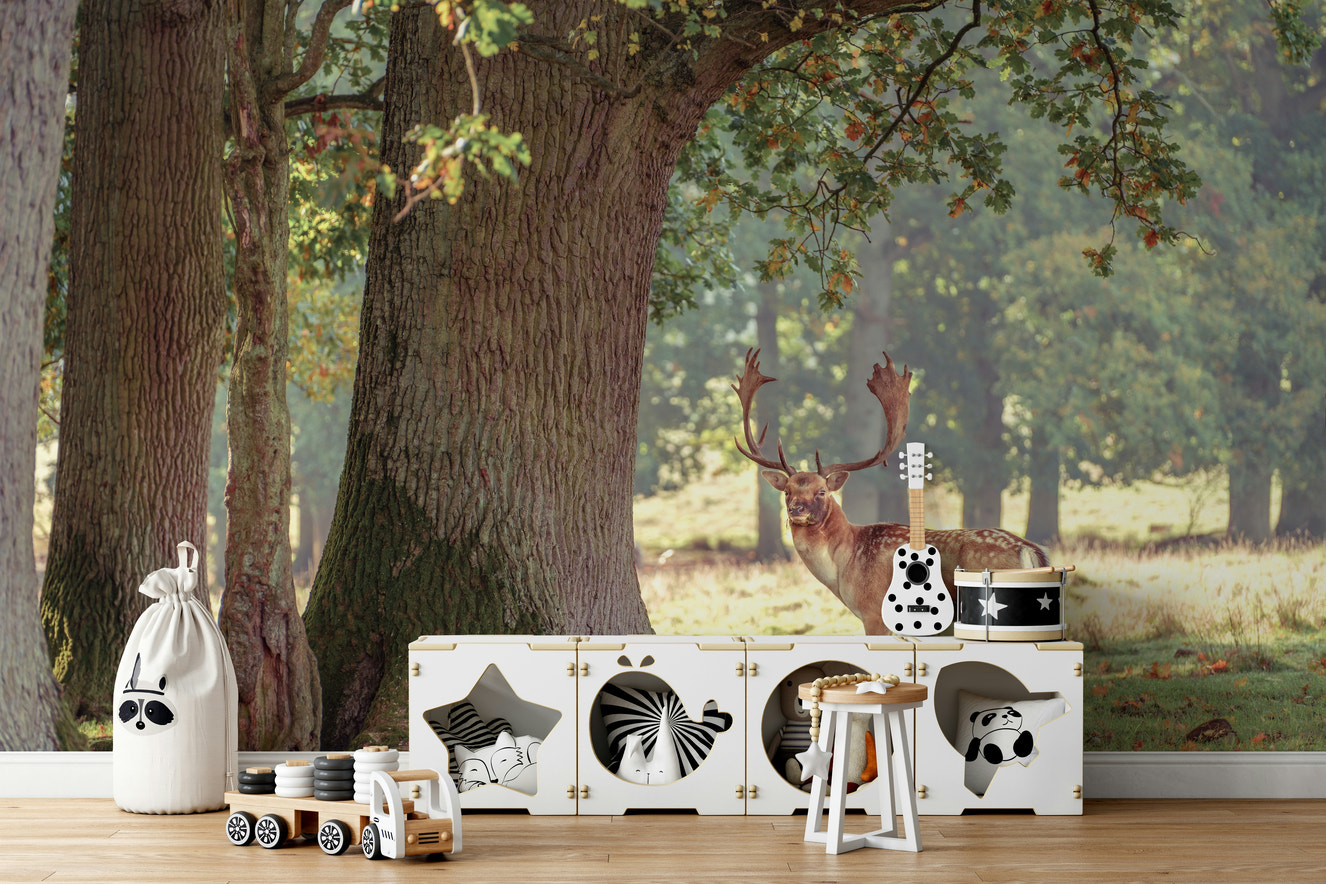 A contemporary living room with a large forest wall mural.

