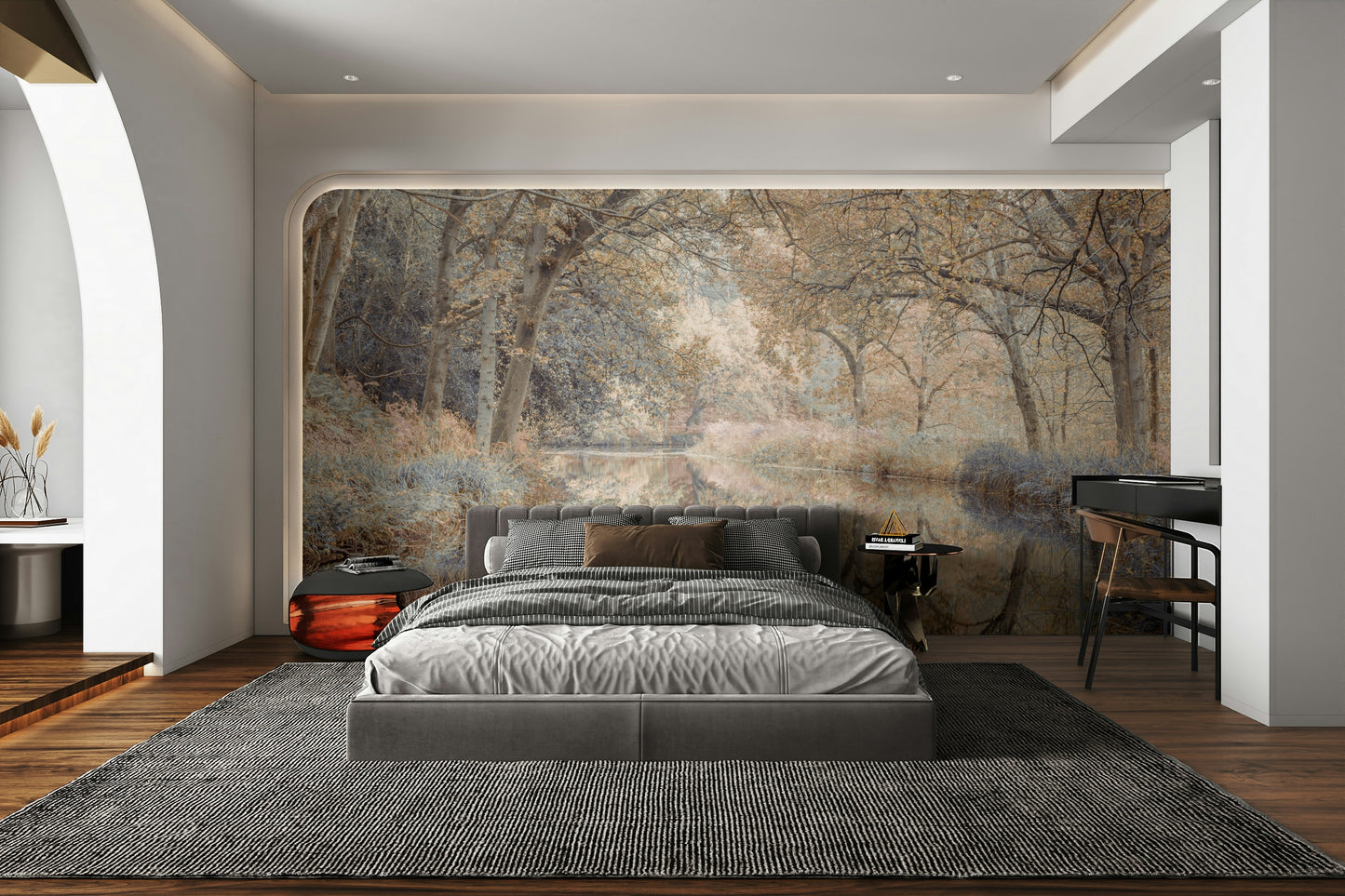 A living room featuring the serene water wall mural.

