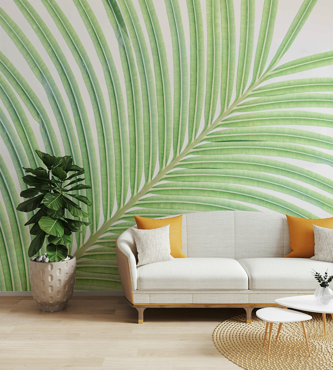 A contemporary living room with a large lime leaf wall mural.


