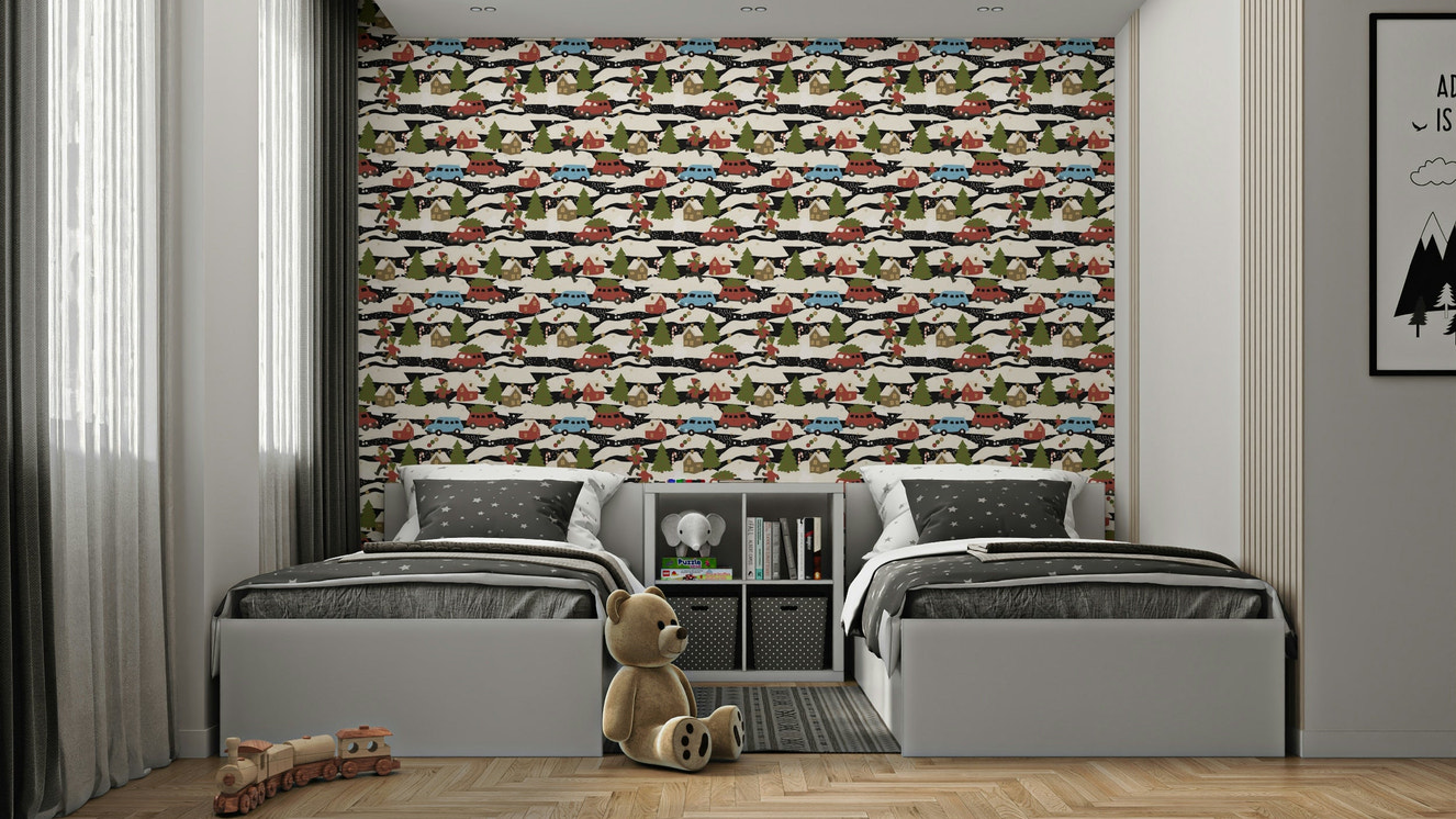 Snowy Town Adventure cozy wall covering.