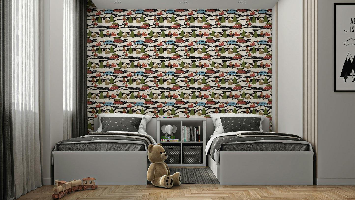 Snowy Town Adventure cozy wall covering.